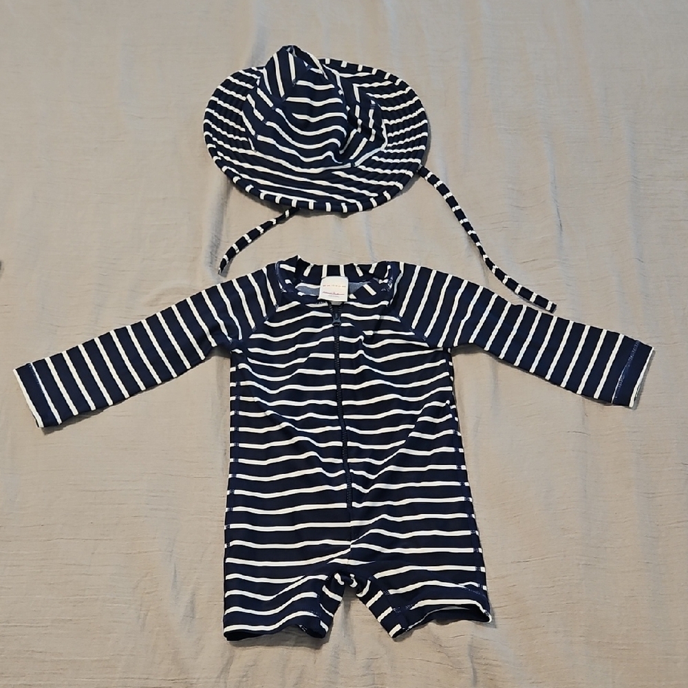 Navy and White Striped 18 - 24 month Boys One Piece Swimsuit with Swim Hat